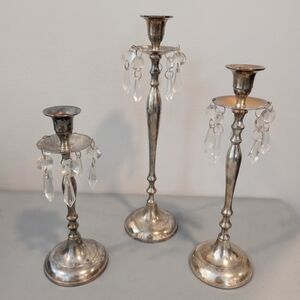 TWO'S COMPANY Vintage Elegant Silver Candlestick Holders with Crystal Accents